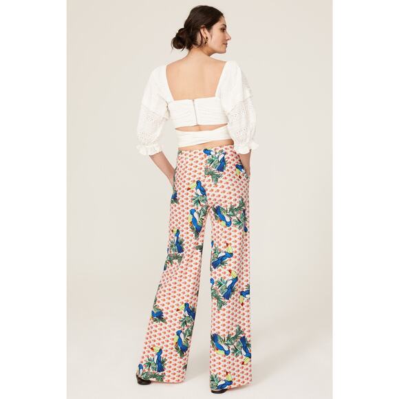 Badgley Mischka Sz 0 Parrot Orange Blue Print Wide Leg Tropical Resort Pants - Picture 2 of 5